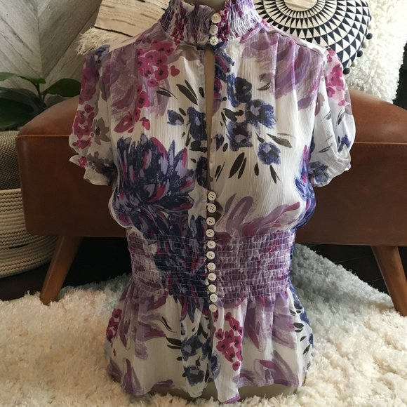 RAMPAGE SHEER FLORAL SHORT SLEEVE BLOUSE - Picture 1 of 7